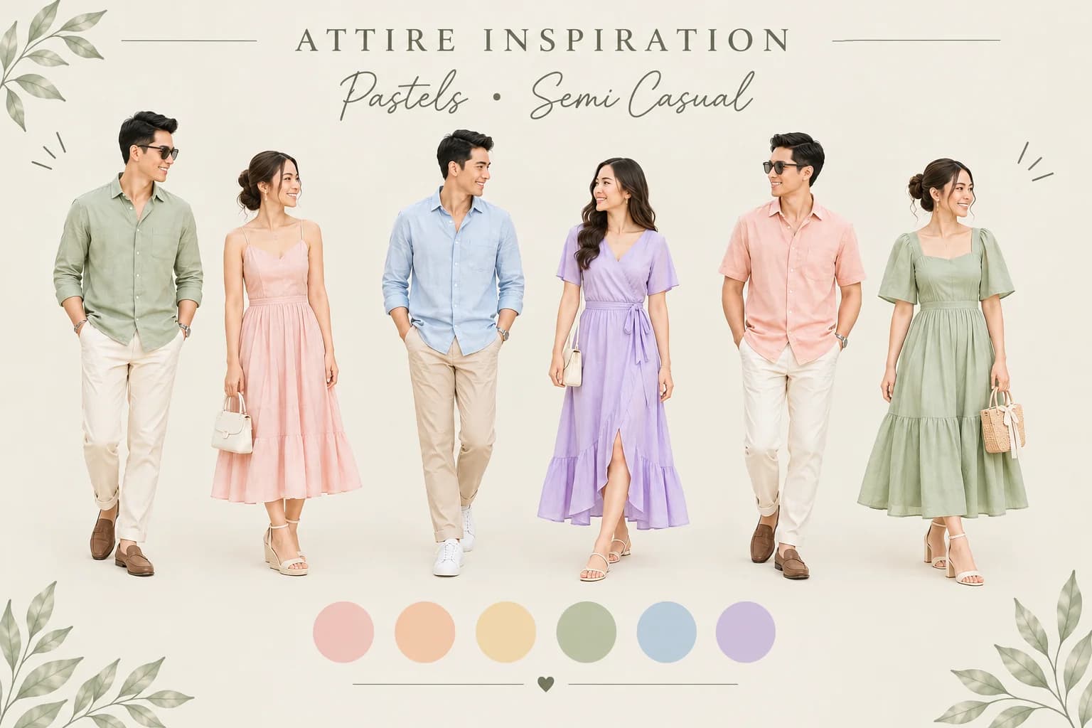 Pastel semi-casual outfit ideas: blush, lilac and sage dresses, pastel shirts and light trousers.